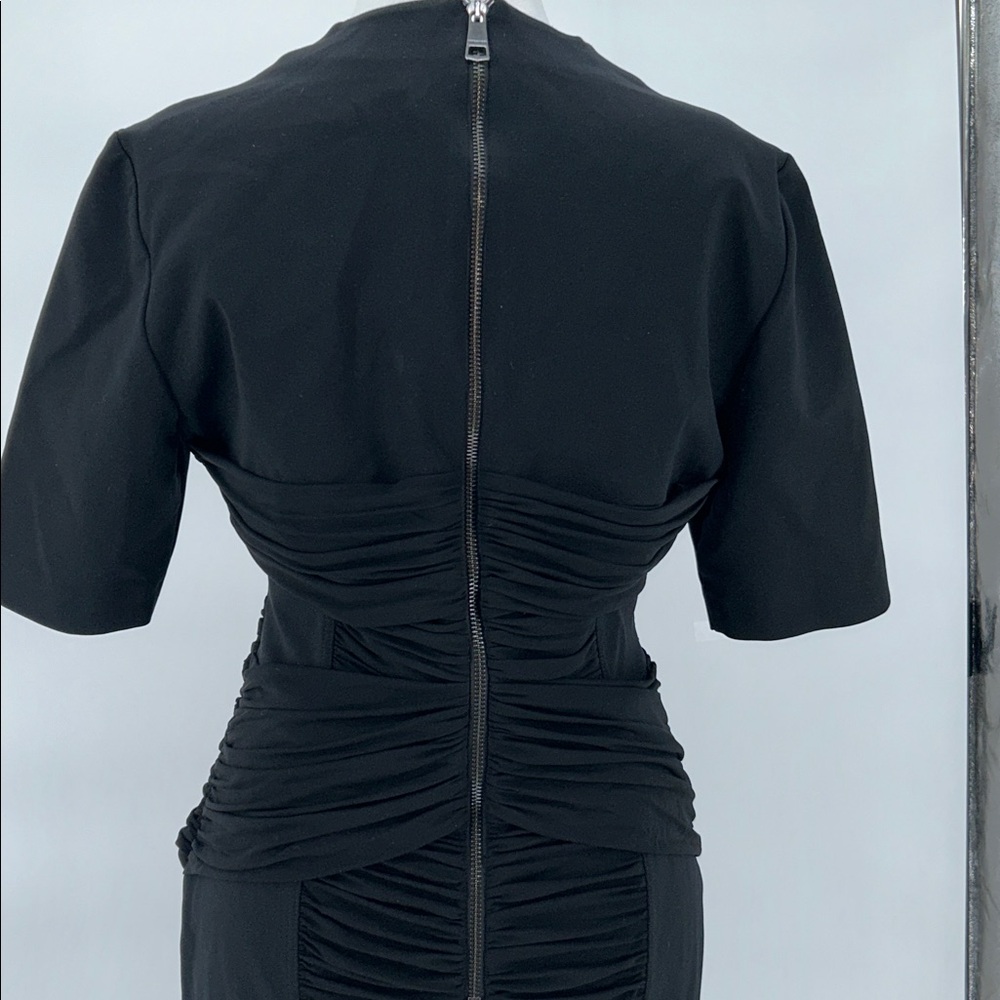 Burberry London Ruched Sheath Dress Black Size 12 Midi V-Neck Designer Bodycon - Picture 7 of 11